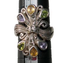 Sterling Silver 925 Multicolor Gemstone Marcasite Art Deco Ring Size 7.5 - £27.88 GBP
