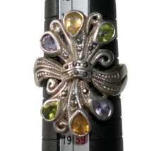 Sterling Silver 925 Multicolor Gemstone Marcasite Art Deco Ring Size 7.5 - £27.96 GBP