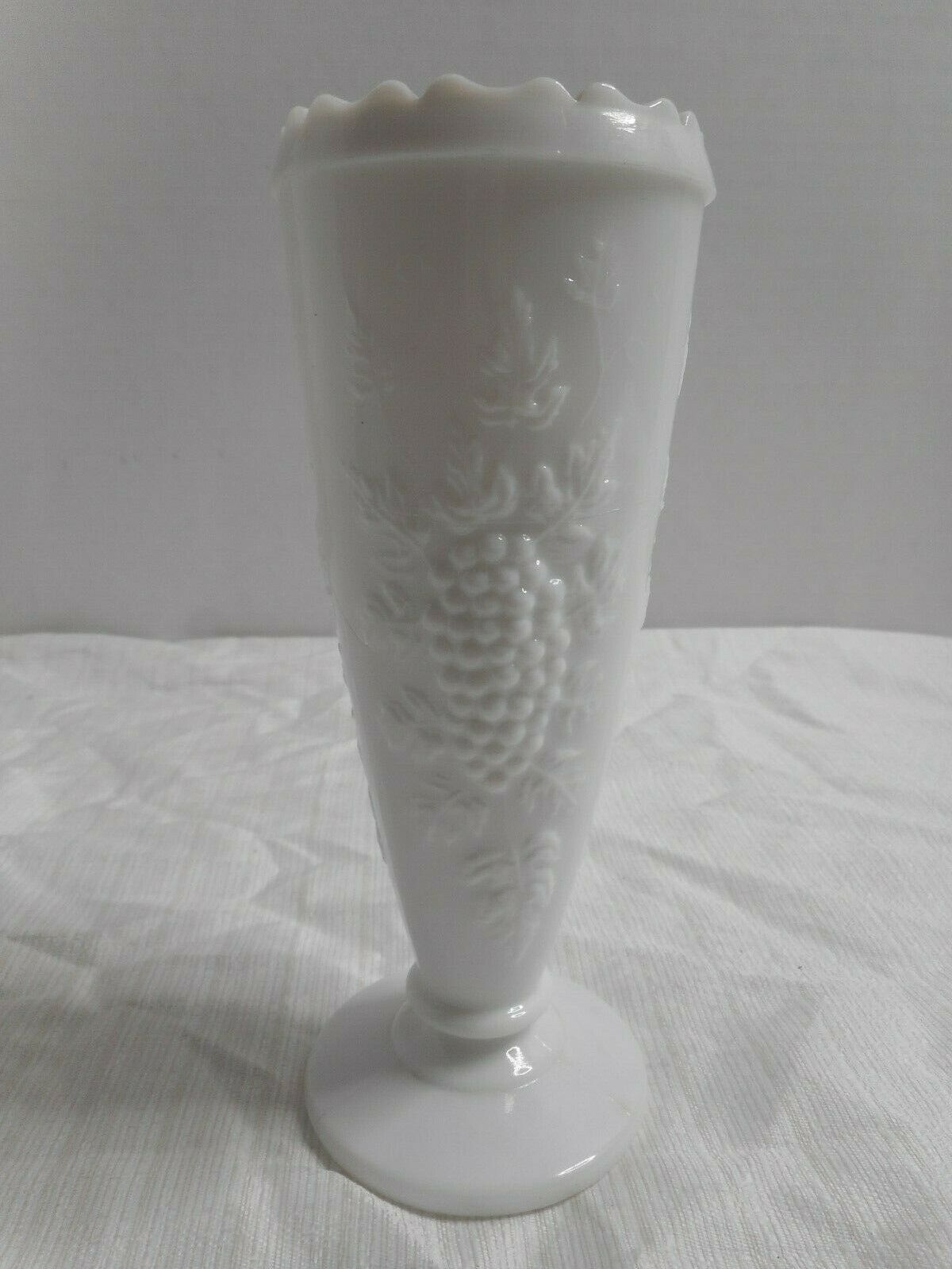 Primary image for Milk Glass White Molded Footed Vase Grape Vine Design Sawtooth Rim Mid Century