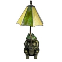 Tiffany Style Stained Green Art Glass Frog W/ Umbrella Lamp Nice - $197.99