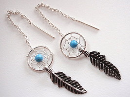 Turquoise Dream Catcher Threader Earrings 925 Sterling Silver Corona Sun Jewelry - £3.45 GBP