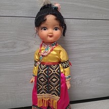 Asian Chinese Girl Doll Black Hair 13&quot; Vintage Yellow Pink Komono - £11.75 GBP