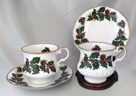 Lot (2 Sets) Yuletide Holly Berries China Tea Cups &amp; Saucers: Minster, Queen&#39;s - £15.41 GBP