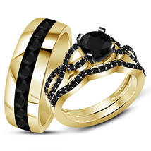 Black Diamond His Her Engagement Wedding Band Trio Ring Set 14K Yellow Gold Over - £105.60 GBP