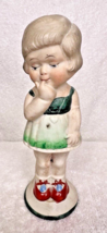Antique Bisque Powder Shaker W Hat Pin Holder Girl in Green Dress w Red ... - $723.06 MXN