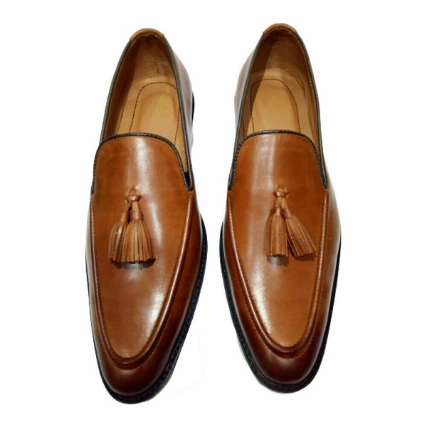 Mens Handmade Brown Leather Tassel Loafers Classic Moccasin Shoes