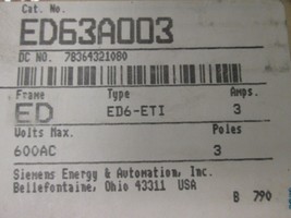 ITE Siemens ED63A003 3A 3P 600VAC/250VDC Motor Circuit Protector New Surplus - $200.00