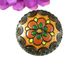 Wood Carved Flower Pin Vintage Brooch Painted Wooden Handcrafted Enamel Lightwt - £15.02 GBP