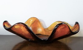 Vintage BLENKO Wayne Husted #633 Amber Amoeba Freeform Large Art Glass Bowl - £117.64 GBP