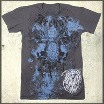 Archaic Affliction Two Skulls Medieval Script Distressed Mens T-Shirt Grey NEW S - £32.59 GBP