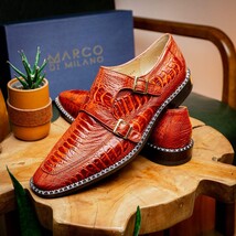 Genuine Ostrich Leg Double Monk Strap Shoes Napoli Rustic Cognac image 9