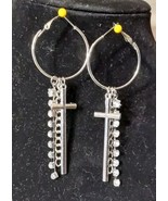 Hoop Dangle Earrings Cross Rhinestones Chain SIlver Tone 80/90/2000s Sty... - $23.20