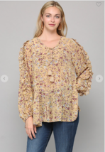 NWT! GIGIO by UMGEE Boho Mixed Floral Long Ruffled Sleeve Tie Tunic Top Hippie - £22.89 GBP