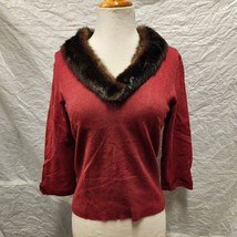 Urchin Mark Eisen Women&#39;s Red Silk Cashmere Blend Sweater with Fur Colla... - $49.49