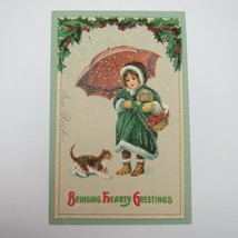 Postcard Hearty Greetings Christmas Holly Girl Green Coat Dog &amp; Cat Antique - £7.91 GBP
