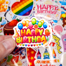 50 PCS Happy Birthday Sticker Pack, Balloon Cake Party Stickers, Holiday Decals - £10.61 GBP