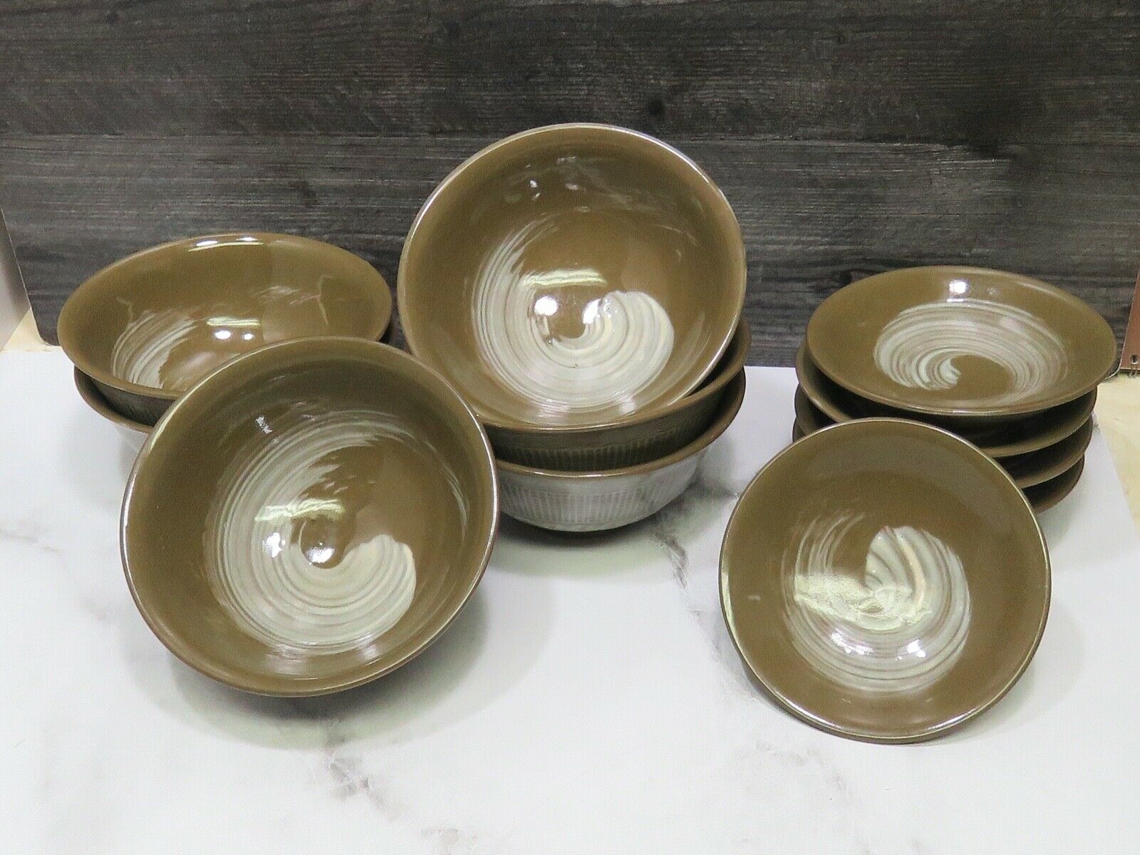 Primary image for Vtg Mid Century Japanese Amthor Imports Pottery Rice Bowls & Sauce Dishes Brown
