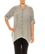 Hester and Orchad Gray Tencel Chambray Button Up Frayed Hem Top Blouse, ... - $31.88