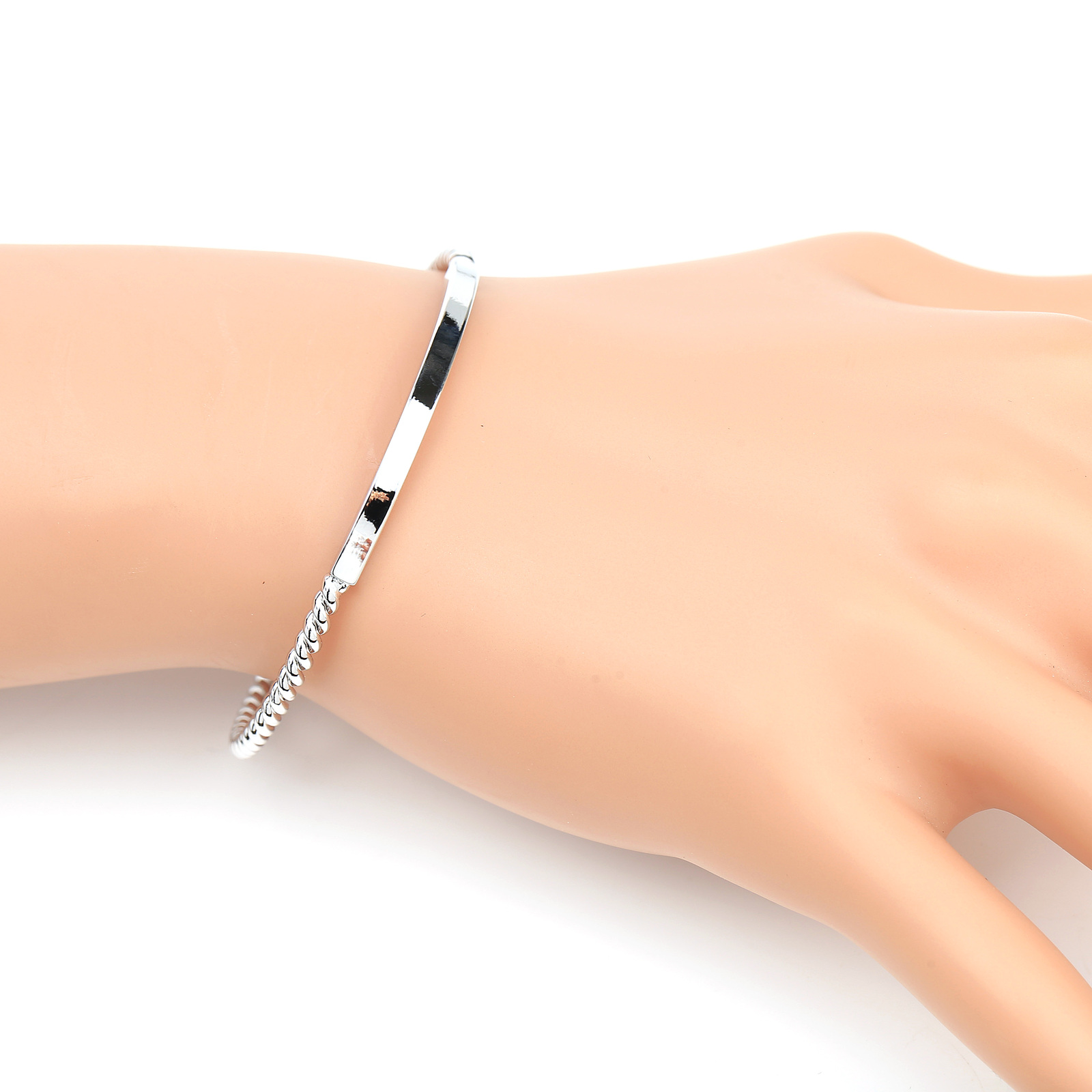Silver Tone Twisted Bangle Bracelet With Trendy Bar Design