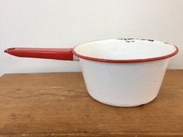 Vintage Antique White Red Metal Enamelware Primitive Small Sauce Pot Pan 7&quot; - £23.97 GBP