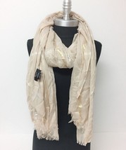 Oblong Chiffon plaid Scarf Wrap Shawl shiny line w/ frayed edge Beige Soft - £5.72 GBP