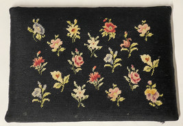 Vtg NEEDLEPOINT Floral Stool Top 12.5x18” Black MULTICOLOR Flowers - $29.70