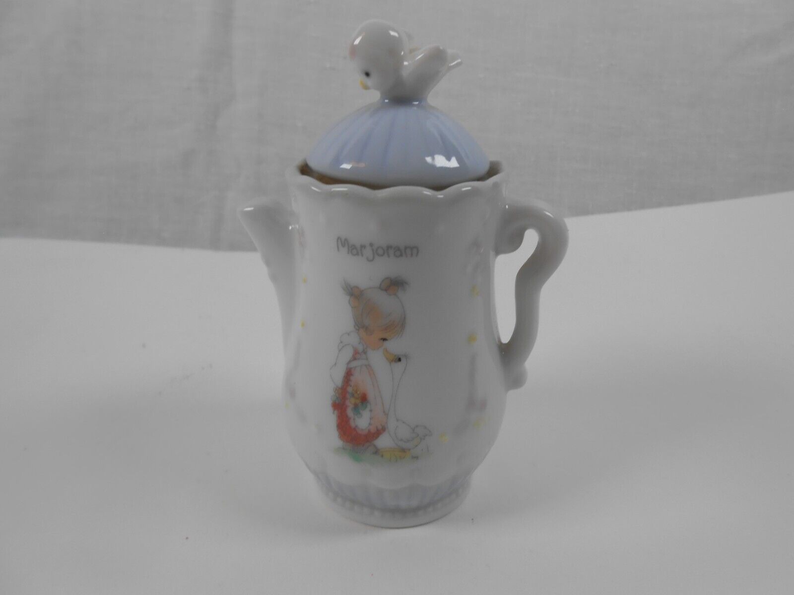 Primary image for Vintage Precious Moments 1995 Teapot Shape Spice Jar Enesco MARJORAM 4"