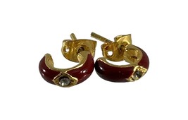 Small Hoop Earrings Gold Tone Marron Red Enamel Rhinestones Pierced Studs - £9.41 GBP
