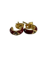 Small Hoop Earrings Gold Tone Marron Red Enamel Rhinestones Pierced Studs - £9.34 GBP