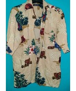 Vintage Puritan Mens Medium Hawaiian Shirt Rayon tan Antique car palm tr... - $17.09 CAD