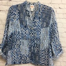 Ruby Rd. Womens Popover Shirt Blue Ikat Long Sleeve Roll Tab Notch Neck Slit 6 - £7.77 GBP