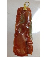 ANTIQUE CHINESE RED & GREEN CARVED JADE/JADEITE & 18K GOLD FLOWER DESIGN PENDANT - $444.55