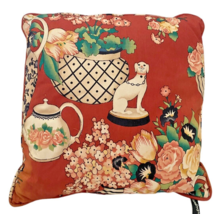 Chinoiserie Throw Pillow Salmon Red Orange Asian English Ginger Jars Dogs 15x15&quot; - £34.86 GBP