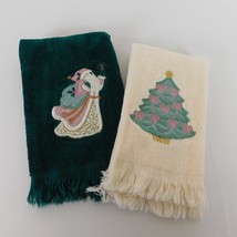 2 Christmas Guest Hand Fingertip Towels Green White Pink Embroidered Santa Tree - £11.60 GBP