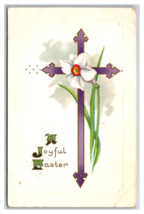 A Joyful Easter Cross Lilly Flower Blossom Embossed DB Postcard R30 - $3.03