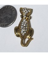 Vintage Gold Tone Sitting Cat Wearing Bowtie Pin Brooch with Rhinestones - £17.63 GBP