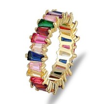 Trendy Thin Baguette T Ring Engagement Handmade Rainbow CZ Copper Rings For Wome - £8.54 GBP