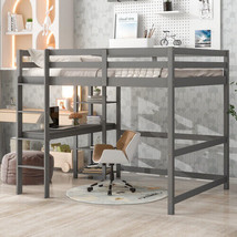 Full Loft Bed with Desk and Shelves - Gray - £332.98 GBP