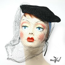 Vintage Black Velvet Hat w Long Veil - Cocktail, Party, Dressy - Hey Viv - £17.56 GBP