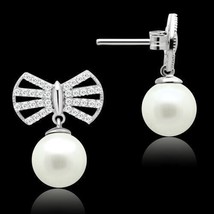 Bow Knot White Pearl Drop CZ Stud 925 Silver Wedding Bridal Womens Earrings Gift - £72.06 GBP