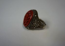 Unisex Old Chinese Sterling Silver Filigree Coral? Ring Size 8 Weight 6.19 Grams - £138.67 GBP