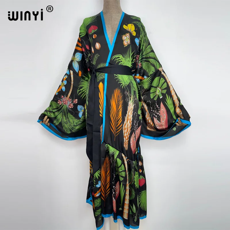 WINYI Bikini Cover-ups Black Retro Fashion printing Self Belted Women Summer Clo - £91.27 GBP