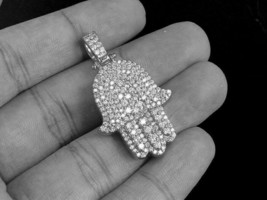 2.20Ct Simulated Diamond Hamsa Hand Pendant Charm 14K White Gold Plated Silver - £72.53 GBP