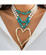 Bohemian Turquoise Heart-Shaped Pendant Necklace, Multi-Layered Beaded - $36.91 CAD