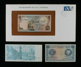 Mediterranean Nations 3-Notes Lot // Cyprus Mils, Malta Lire &amp; Algeria Dinars - £50.60 GBP