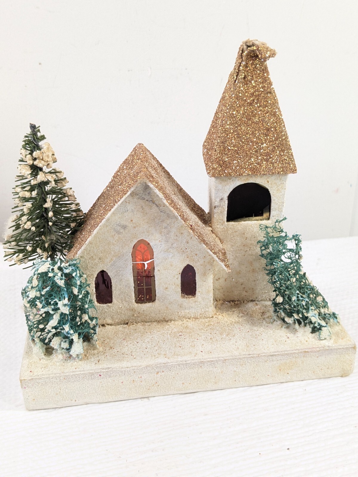 Vintage Putz Paper Christmas Church House Japan gold mica glitter cardboard - $39.00