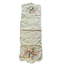 Antique Vtg Handmade Embroidered Dresser Scarf Whimsical Flowers Lace - £16.09 GBP