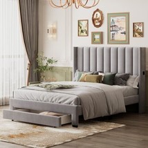 Queen Size Storage Bed Velvet Upholstered Platform Bed with a Big Drawer - Gray - £226.16 GBP