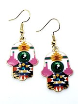 Hamsa Earrings Evil Eye Protection Gold Tone Hand of Fatima Colourful Jewellery - £5.21 GBP