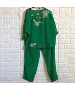 Embroidered Kelly green lounge wear polyester set pajama - £15.71 GBP